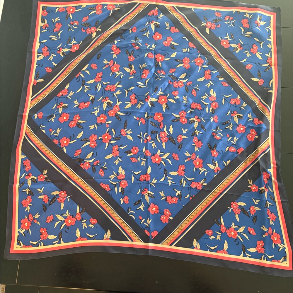 NWT Ann Taylor Blue Floral Silk-Feel Square Scarf with Red and Yellow Accents